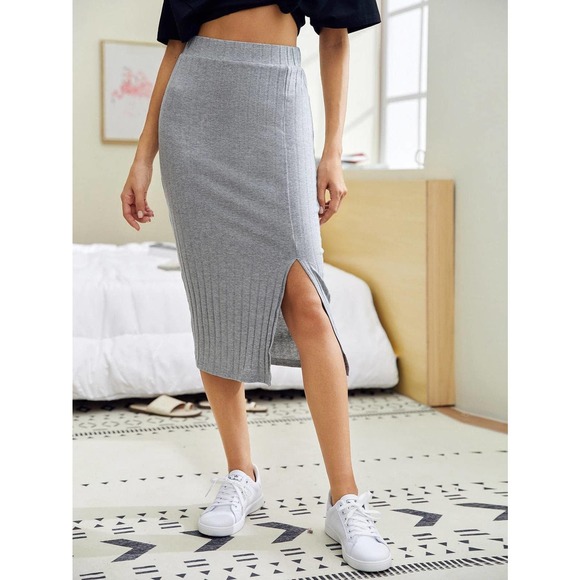 Slit Hem Rib knit Pencil Skirt midi business casual black - Picture 5 of 11